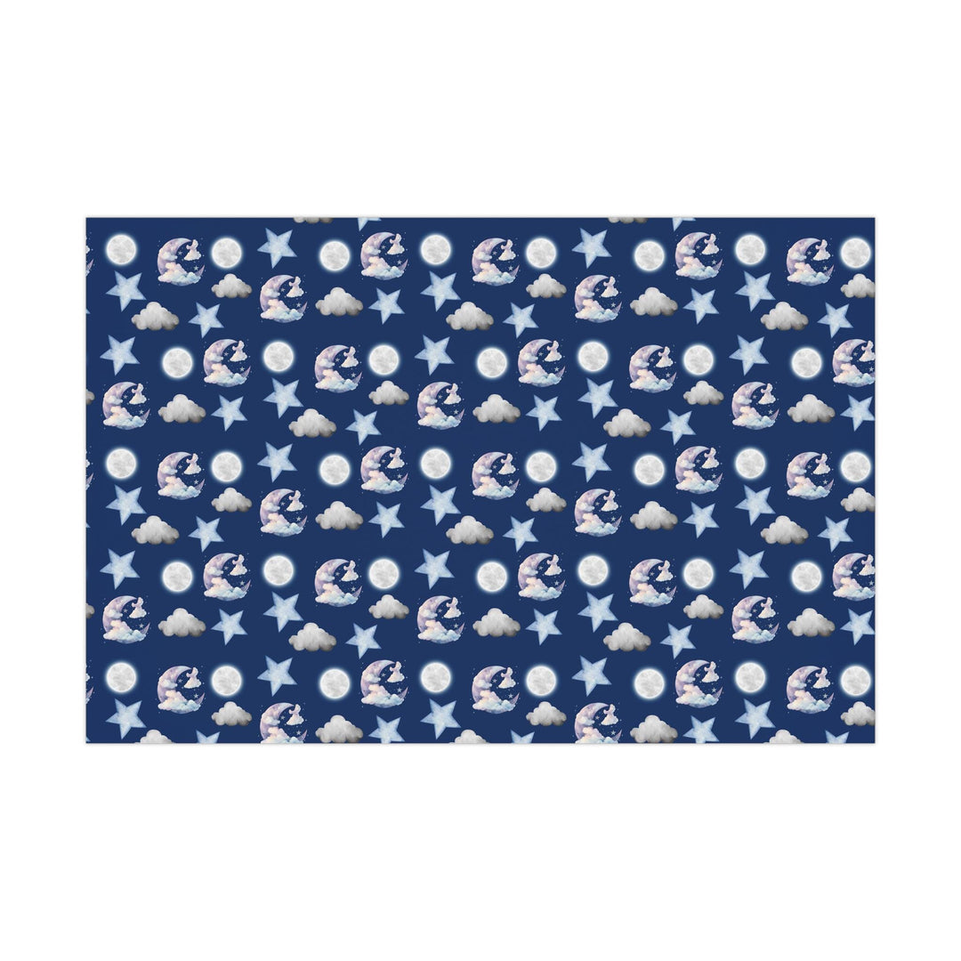 Dark blue wrapping paper with white clouds, white moon and light blue stars graphics, cute for nursery gifts or baby gifts