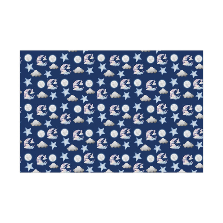 Dark blue wrapping paper with white clouds, white moon and light blue stars graphics, cute for nursery gifts or baby gifts