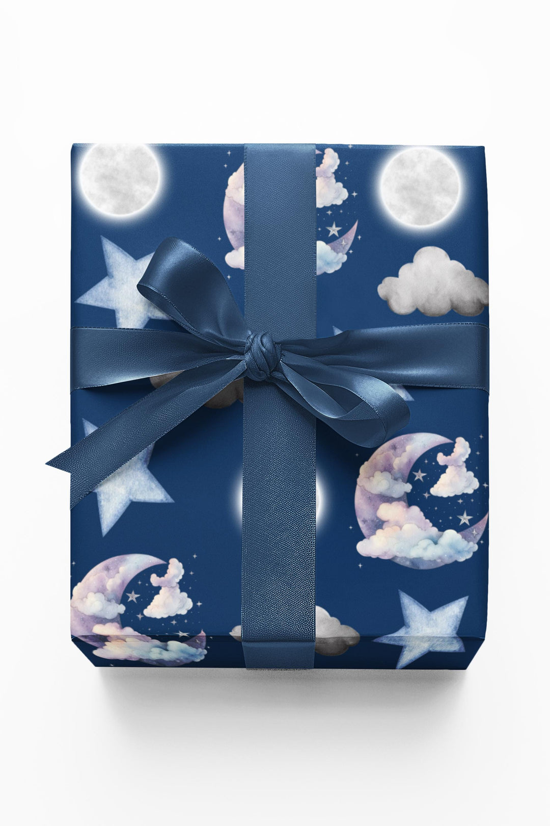 Dark blue wrapping paper with white clouds, white moon and light blue stars graphics, cute for nursery gifts or baby gifts