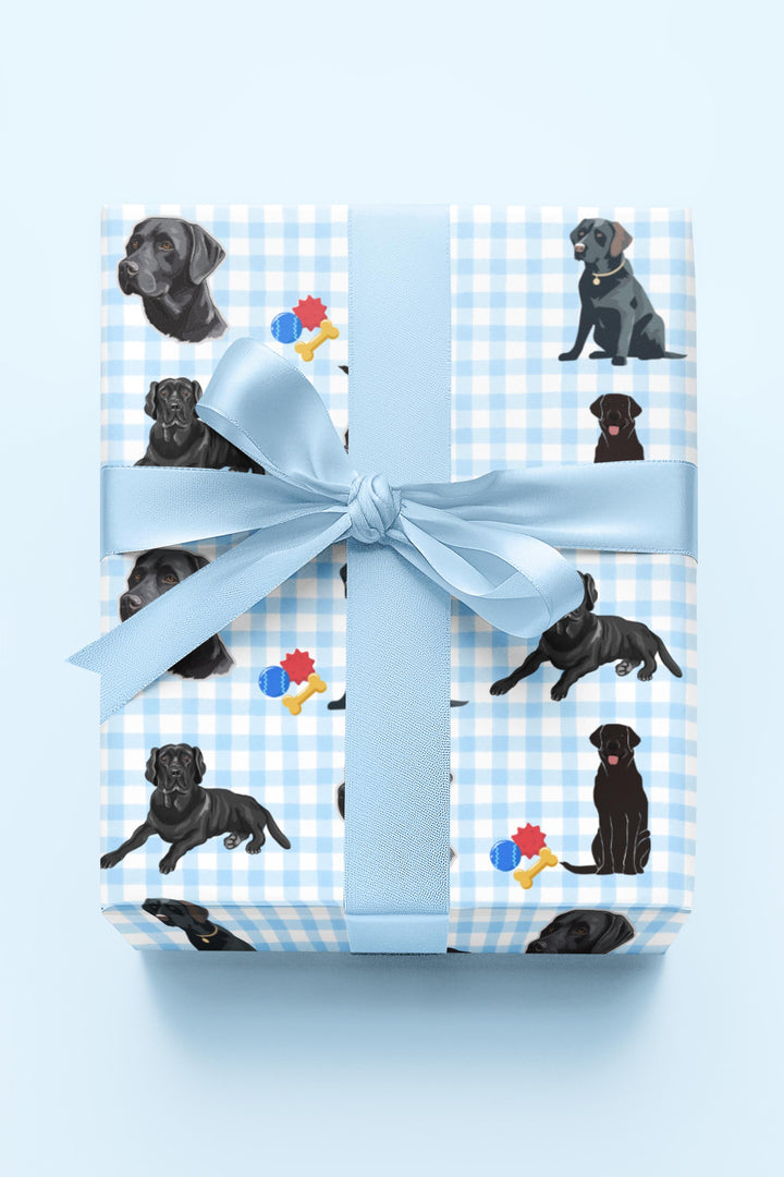 Light Blue gingham with black lab graphics and colored chew toys on wrapping paper- adorable for dog presents or dog lover gifts