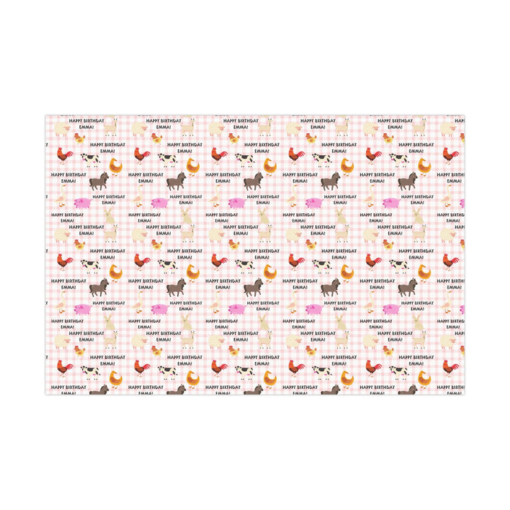 Pink gingham pattern with graphics of cute farm animals and Happy birthday text that can be personalized with any name