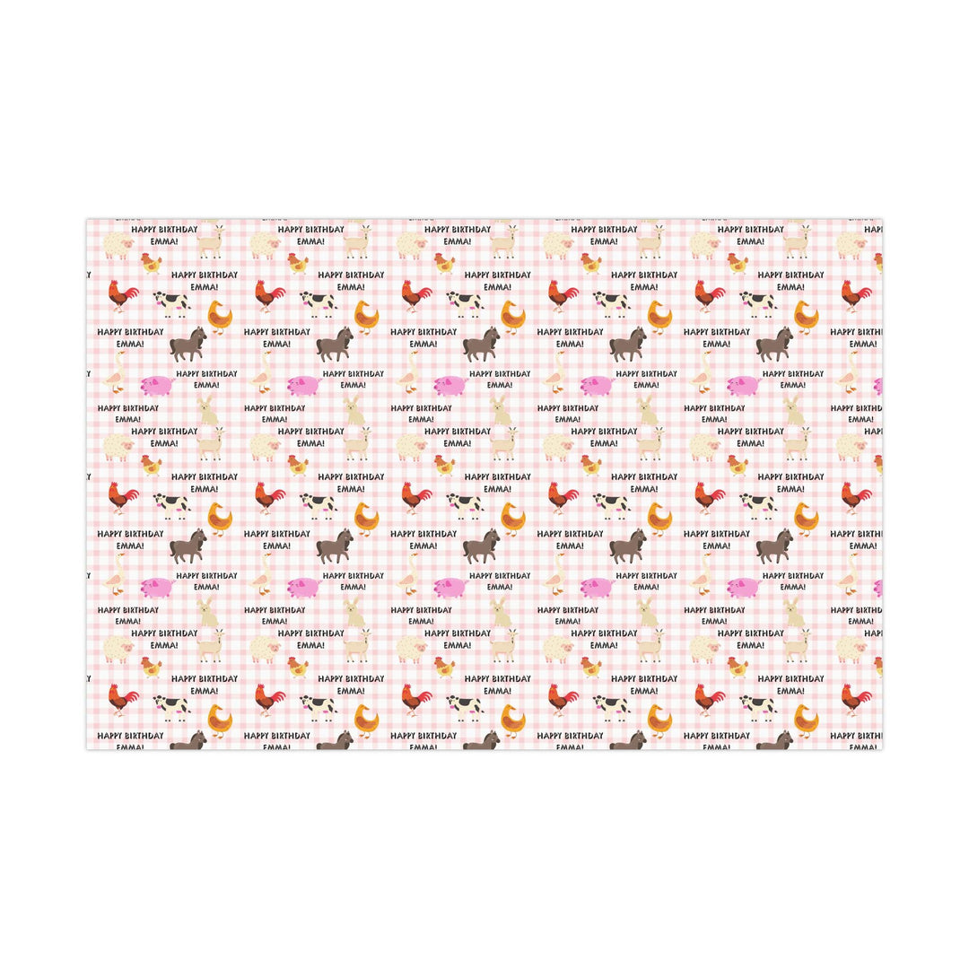 Pink gingham pattern with graphics of cute farm animals and Happy birthday text that can be personalized with any name