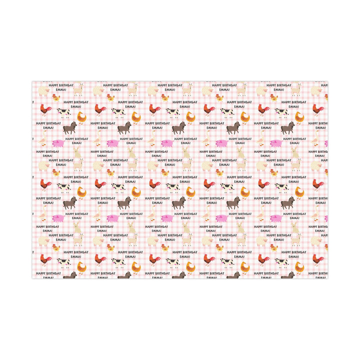 Pink gingham pattern with graphics of cute farm animals and Happy birthday text that can be personalized with any name