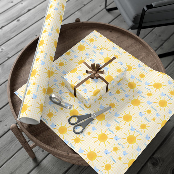 Personalized Yellow Gingham Sunshine & Blue Birds Wrapping Paper