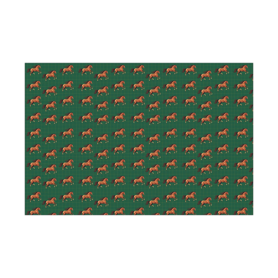 Watercolor graphic of Brown horses in a patterned wrapping paper with a green background with an elegant subtle check pattern