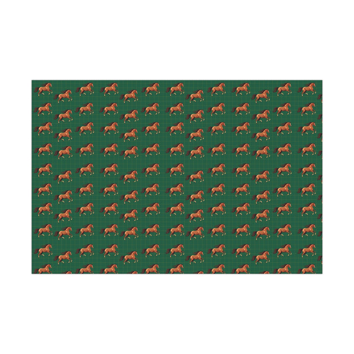 Watercolor graphic of Brown horses in a patterned wrapping paper with a green background with an elegant subtle check pattern