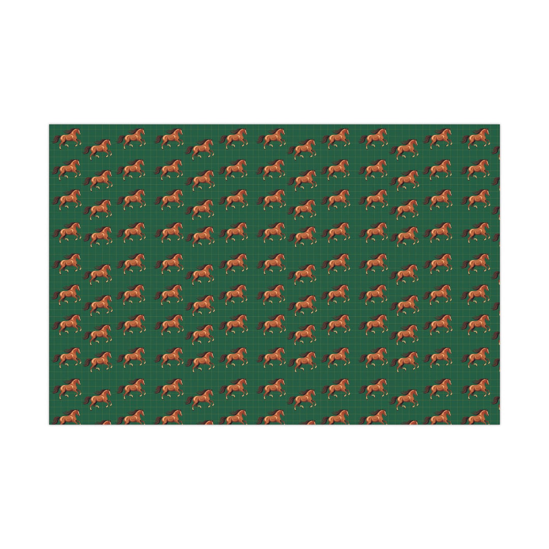 Watercolor graphic of Brown horses in a patterned wrapping paper with a green background with an elegant subtle check pattern