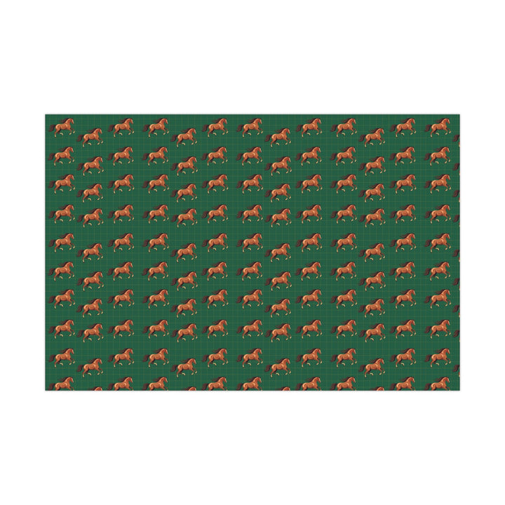 Watercolor graphic of Brown horses in a patterned wrapping paper with a green background with an elegant subtle check pattern