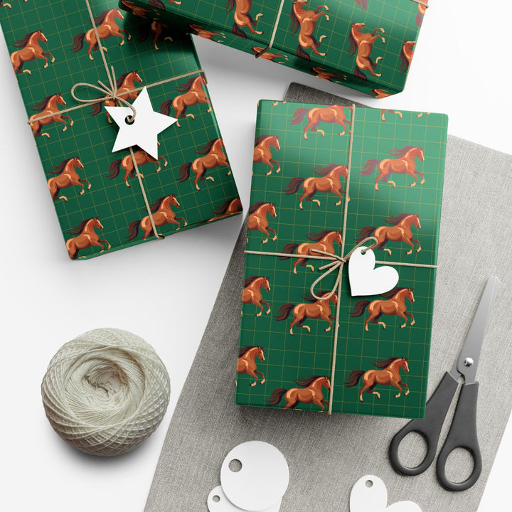 Watercolor graphic of Brown horses in a patterned wrapping paper with a green background with an elegant subtle check pattern