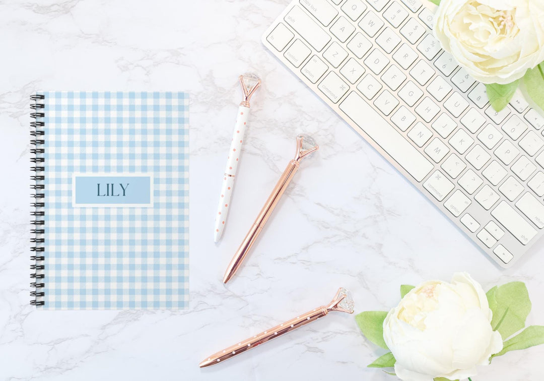 Personalized Blue Gingham Spiral Notebook - SB Paperie