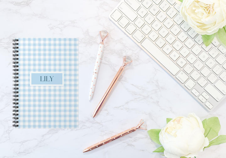 Personalized Blue Gingham Spiral Notebook - SB Paperie