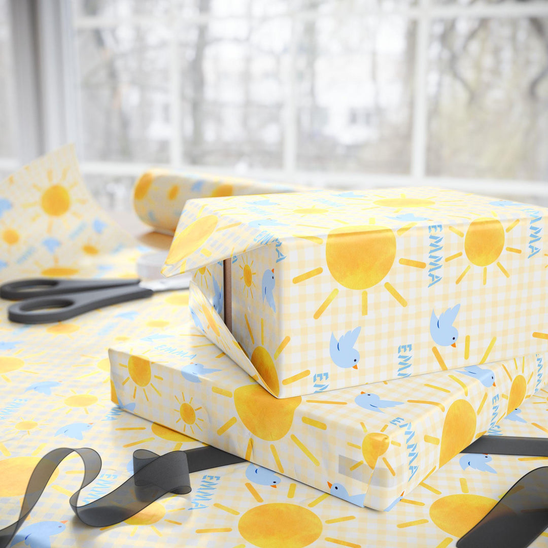 Personalized Yellow Gingham Sunshine & Blue Birds Wrapping Paper