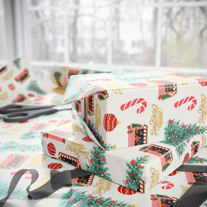 Christmas themed wrapping paper with watercolor graphics of a candy cane, Christmas shop, ornaments and a Christmas tree that has red ornaments. can be printed on a shiny or a matte paper and comes in 3 sizes