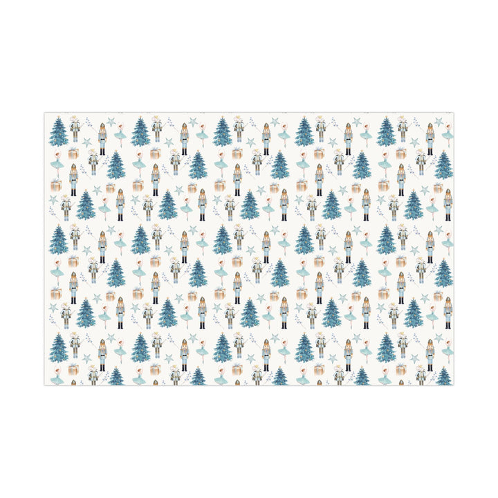 christmas theme wrapping paper blue graphics of a blue christmas tree, blue ballerina, blue nutcracker, blue mouse nutcracker graphic, blue star, blue present, blue florals on a white background