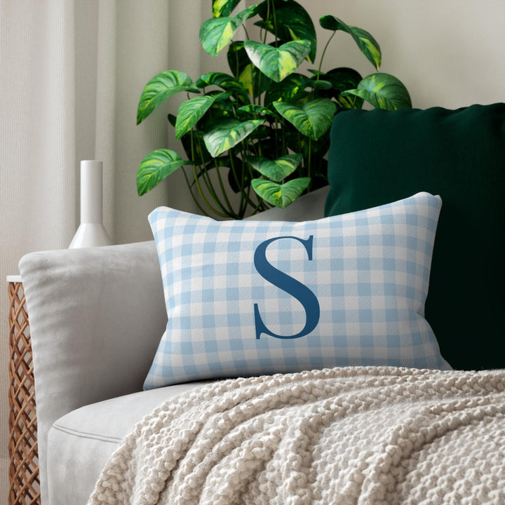 Personalized Blue Gingham Initial Lumbar Pillow - SB Paperie