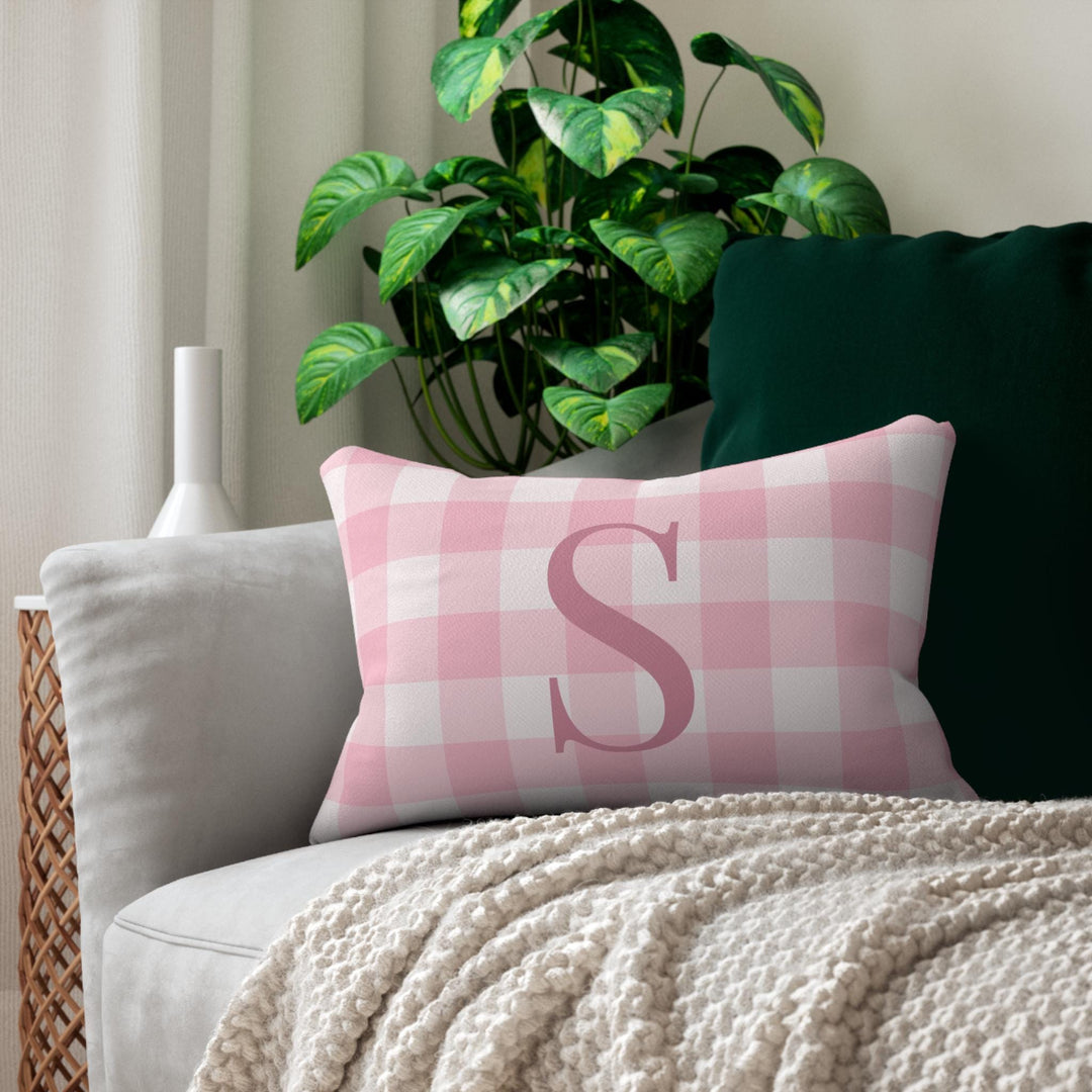 Personalized Pink Gingham Initial Lumbar Pillow - SB Paperie