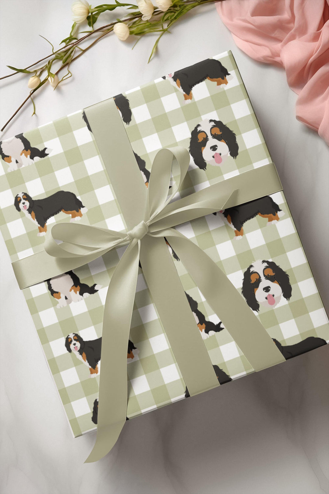 Bernedoodle graphics on light green gingham background wrapping paper