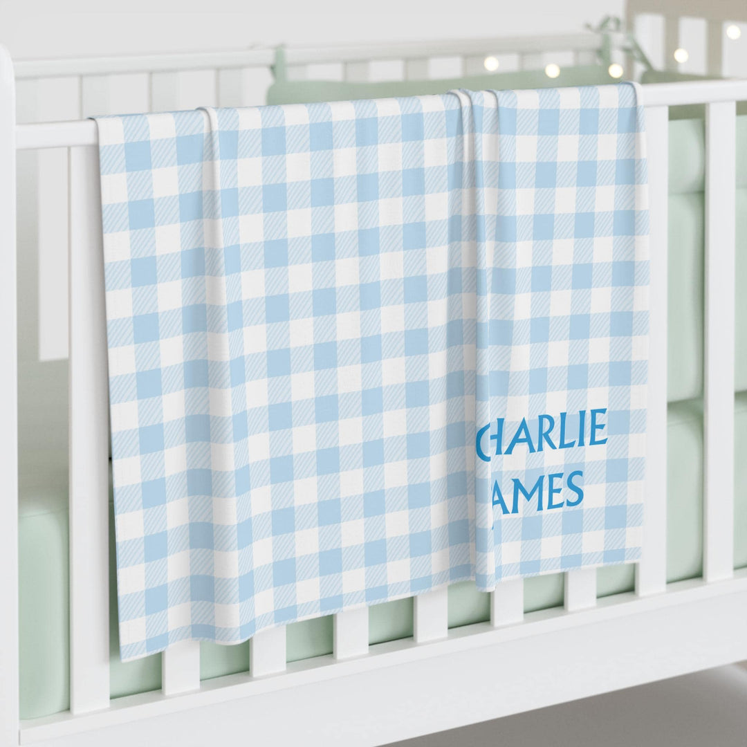 Personalized Baby Swaddle Blanket with Blue Gingham - SB Paperie