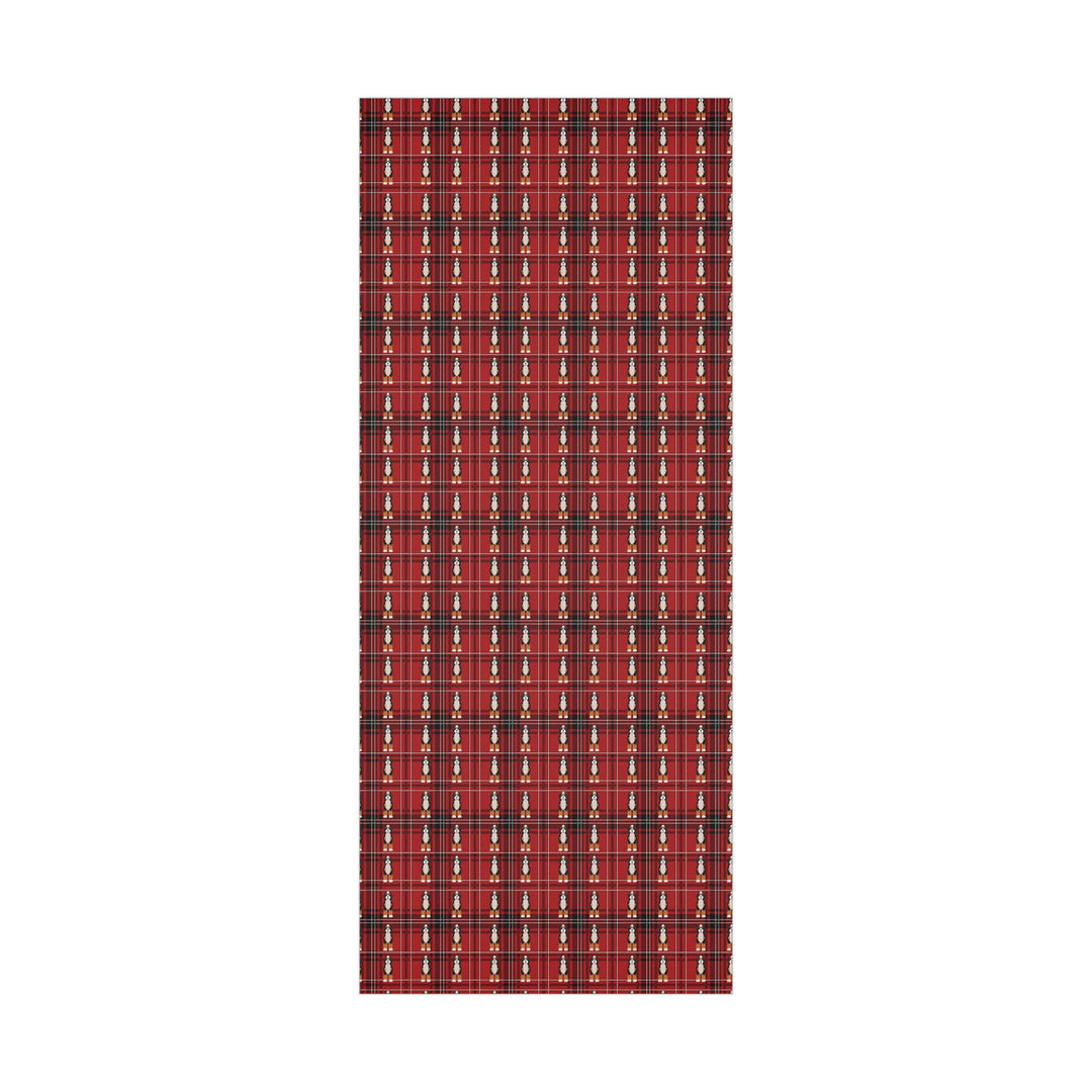 Plaid red and black background with graphics of bernedoodle dogs in a clean pattern wrapping paper