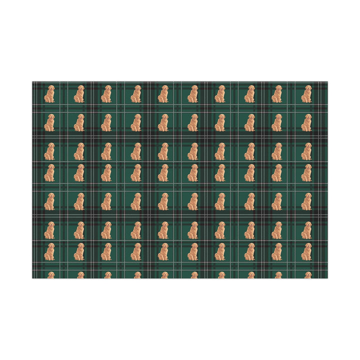 Golden retriever graphics on a beautiful green and white plaid background on wrapping paper