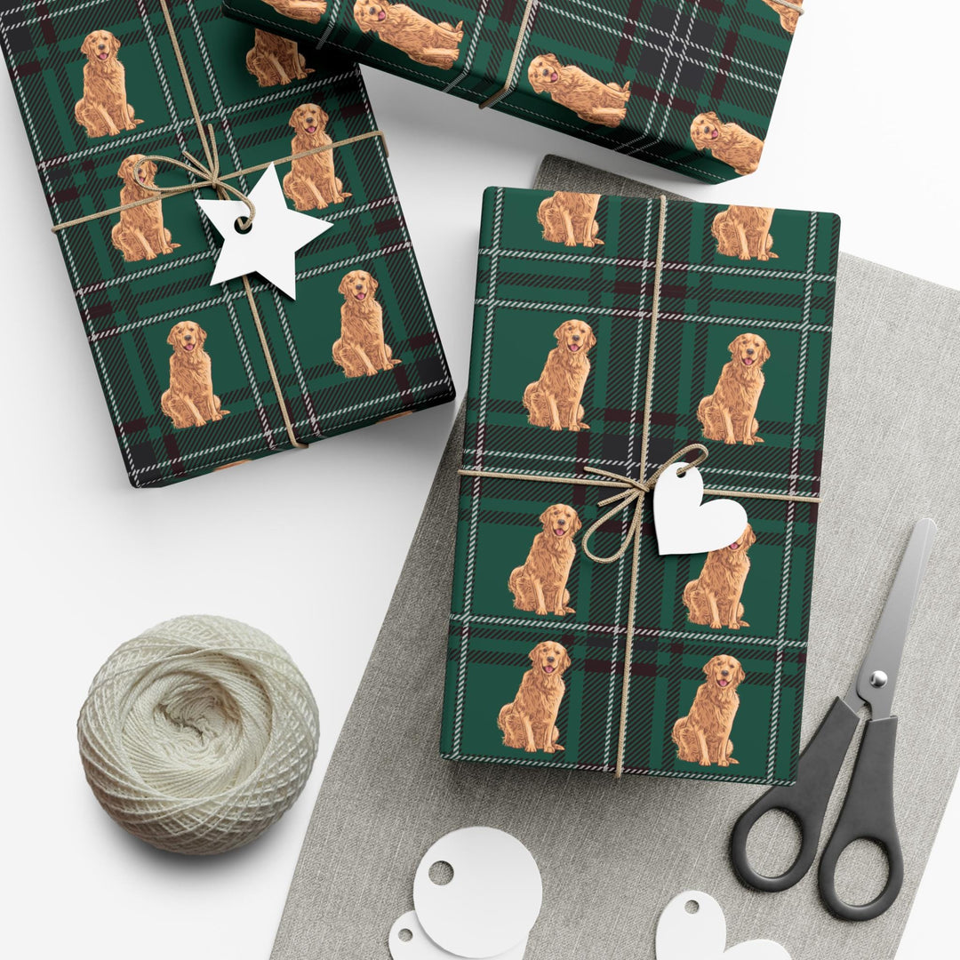 Golden retriever graphics on a beautiful green and white plaid background on wrapping paper