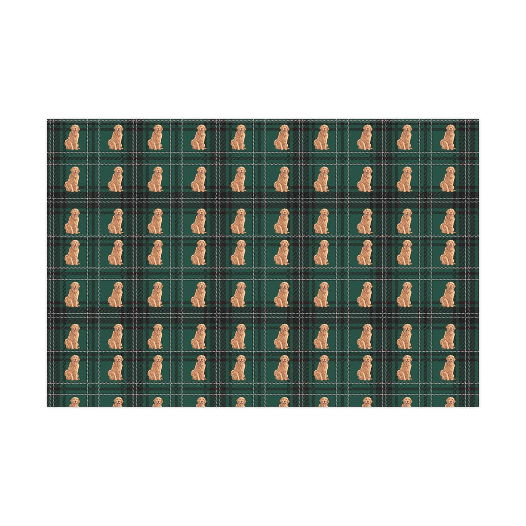 Golden retriever graphics on a beautiful green and white plaid background on wrapping paper