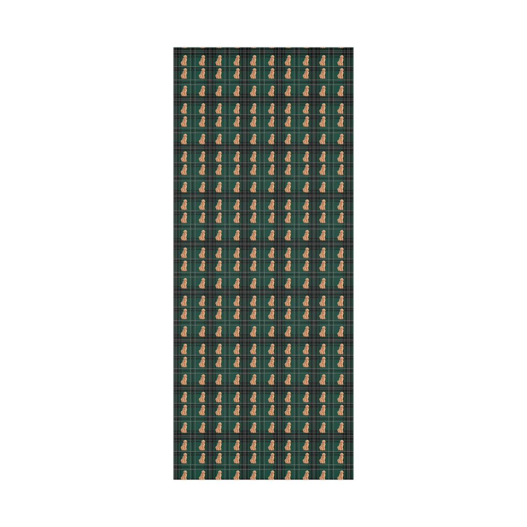 Golden retriever graphics on a beautiful green and white plaid background on wrapping paper