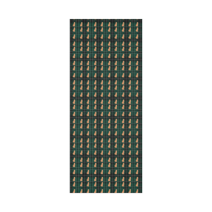 Golden retriever graphics on a beautiful green and white plaid background on wrapping paper