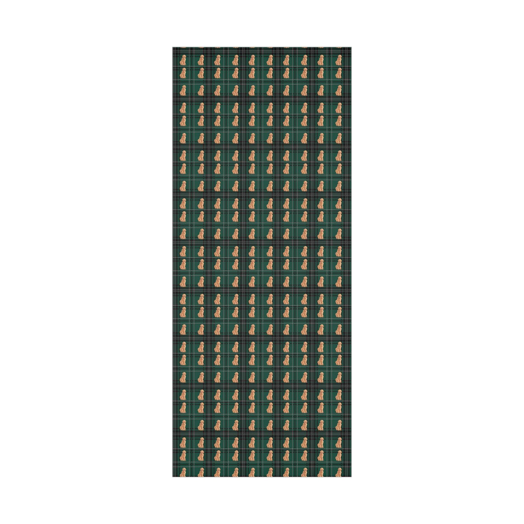 Golden retriever graphics on a beautiful green and white plaid background on wrapping paper