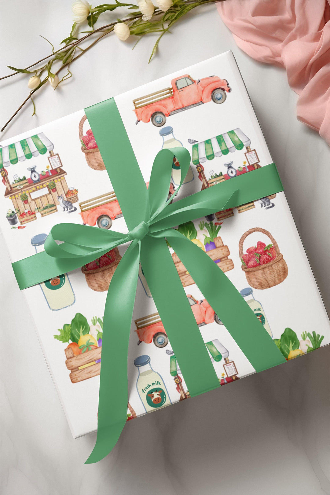 White wrapping paper with adorable watercolor graphics of fresh Produce, Market Stand & Farm Truck