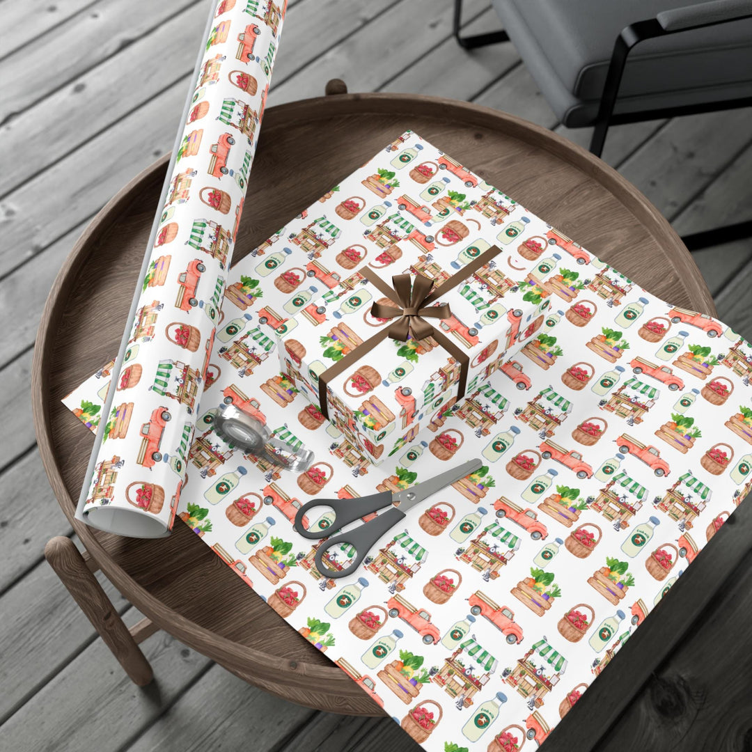 White wrapping paper with adorable watercolor graphics of fresh Produce, Market Stand & Farm Truck