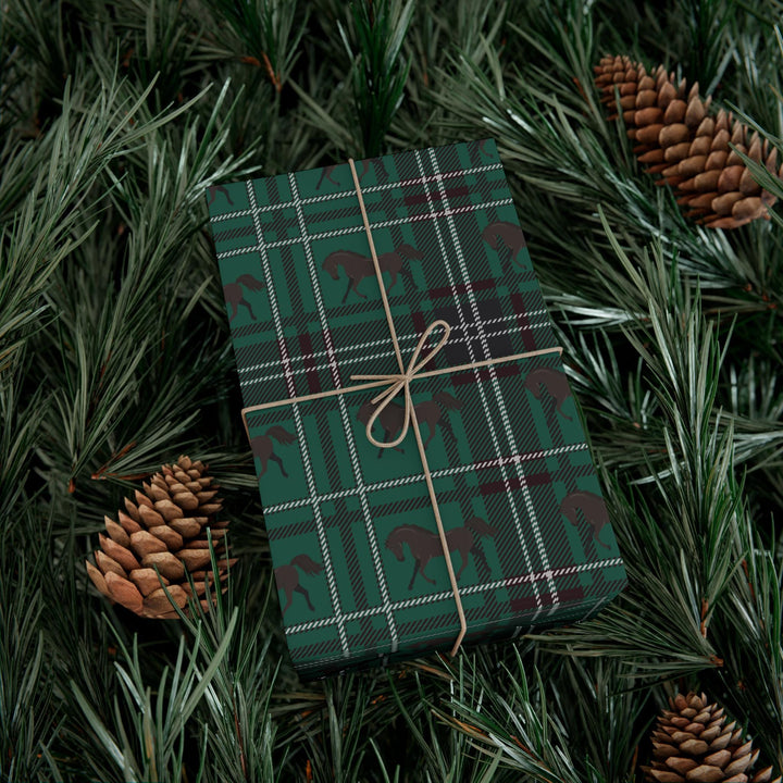 Green plaid with brown horse graphics wrapping paper