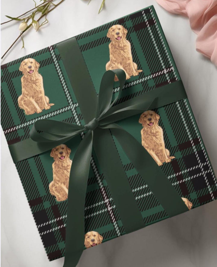 Golden retriever graphics on a beautiful green and white plaid background on wrapping paper