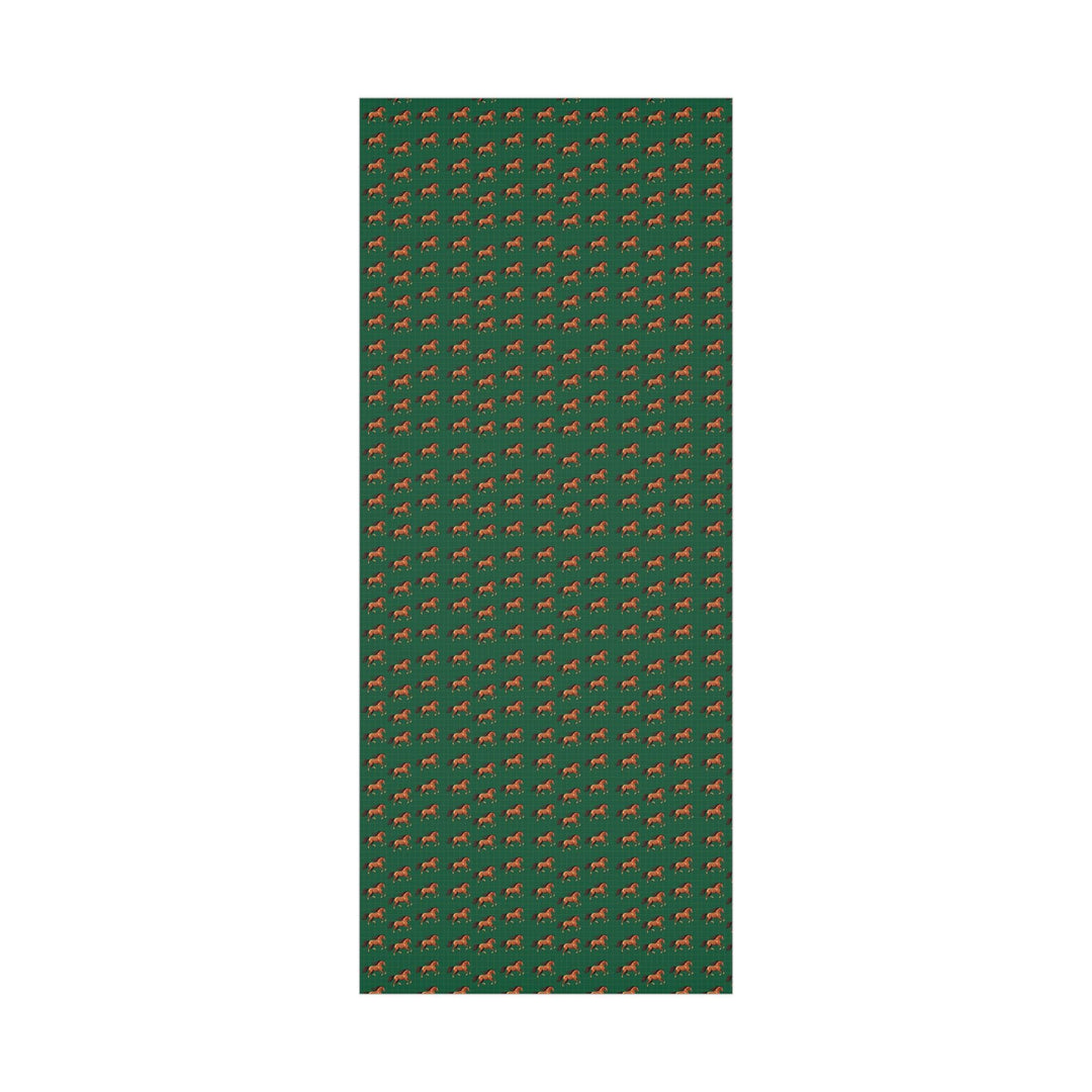 Watercolor graphic of Brown horses in a patterned wrapping paper with a green background with an elegant subtle check pattern