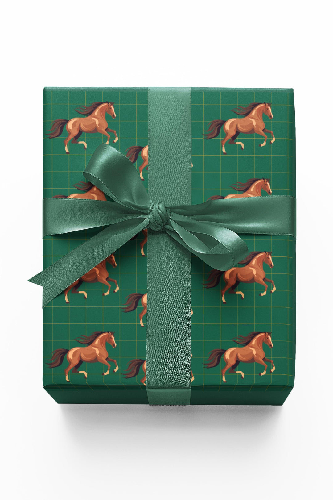 Watercolor graphic of Brown horses in a patterned wrapping paper with a green background with an elegant subtle check pattern