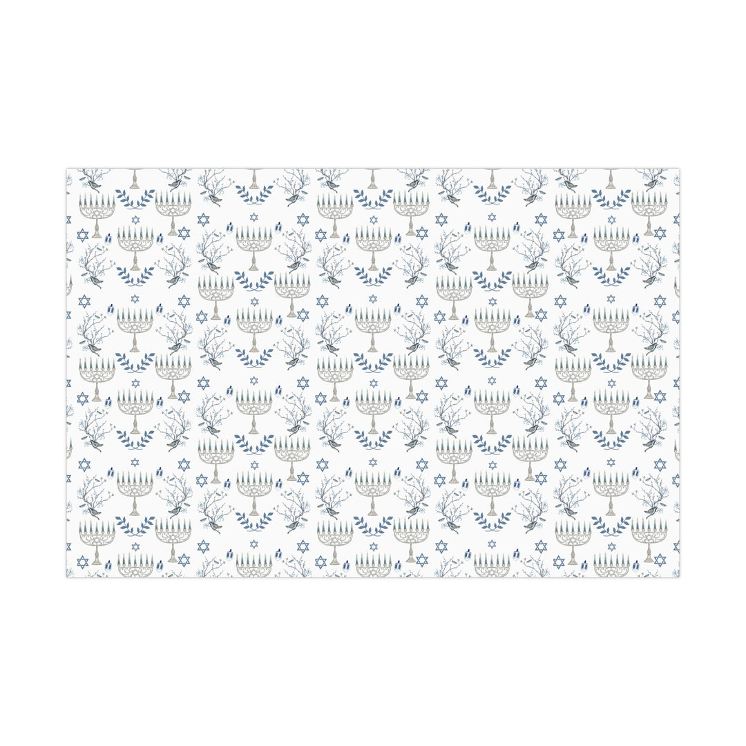 Hanukkah with elegant chinoiserie pattern and menorahs and dreidels and jewish stars on wrapping paper