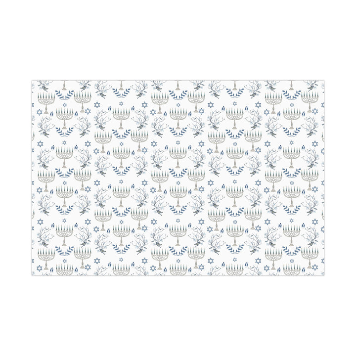 Hanukkah with elegant chinoiserie pattern and menorahs and dreidels and jewish stars on wrapping paper