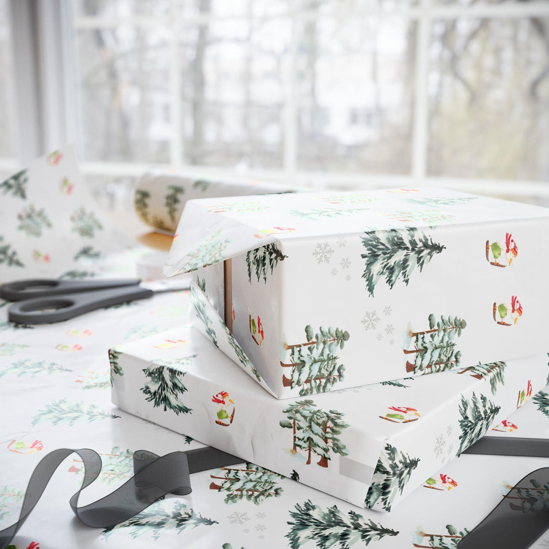 Wrapping paper with Off white background and a ski landscape of trees with a duck in a christmas Santa hat skiing