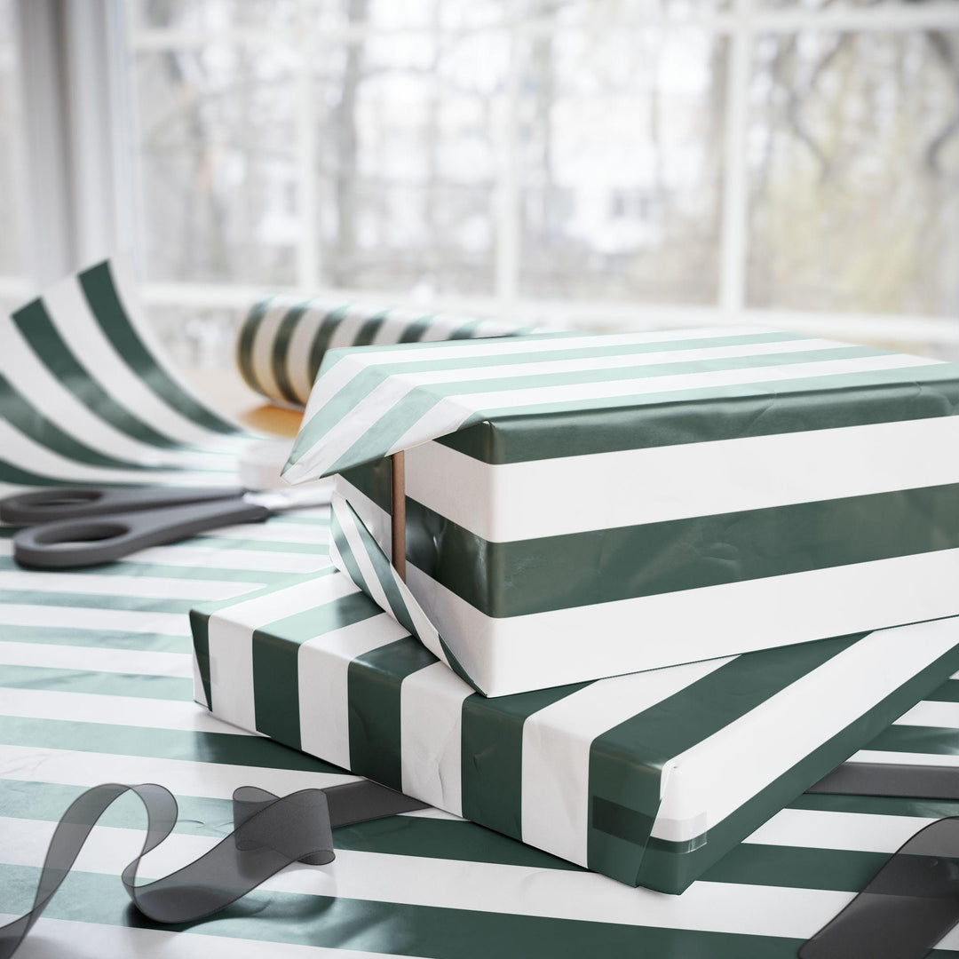 Emerald green striped wrapping paper on white background