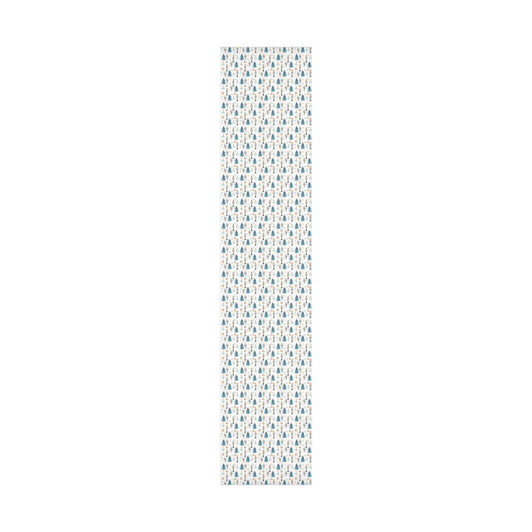 christmas theme wrapping paper blue graphics of a blue christmas tree, blue ballerina, blue nutcracker, blue mouse nutcracker graphic, blue star, blue present, blue florals on a white background
