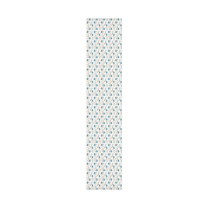 christmas theme wrapping paper blue graphics of a blue christmas tree, blue ballerina, blue nutcracker, blue mouse nutcracker graphic, blue star, blue present, blue florals on a white background