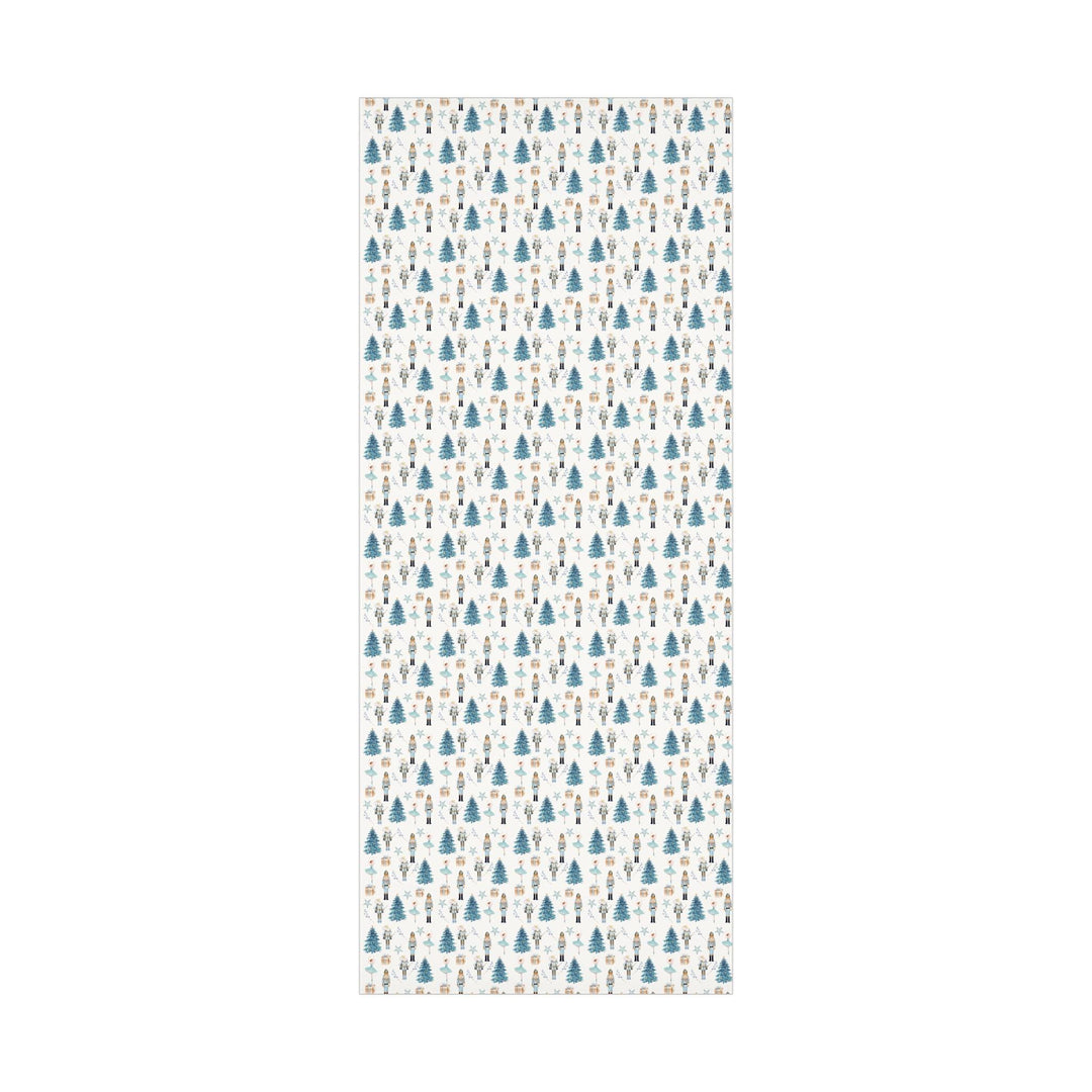 christmas theme wrapping paper blue graphics of a blue christmas tree, blue ballerina, blue nutcracker, blue mouse nutcracker graphic, blue star, blue present, blue florals on a white background