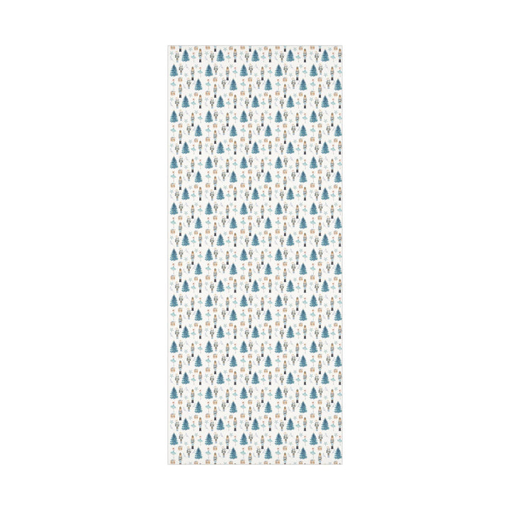 christmas theme wrapping paper blue graphics of a blue christmas tree, blue ballerina, blue nutcracker, blue mouse nutcracker graphic, blue star, blue present, blue florals on a white background