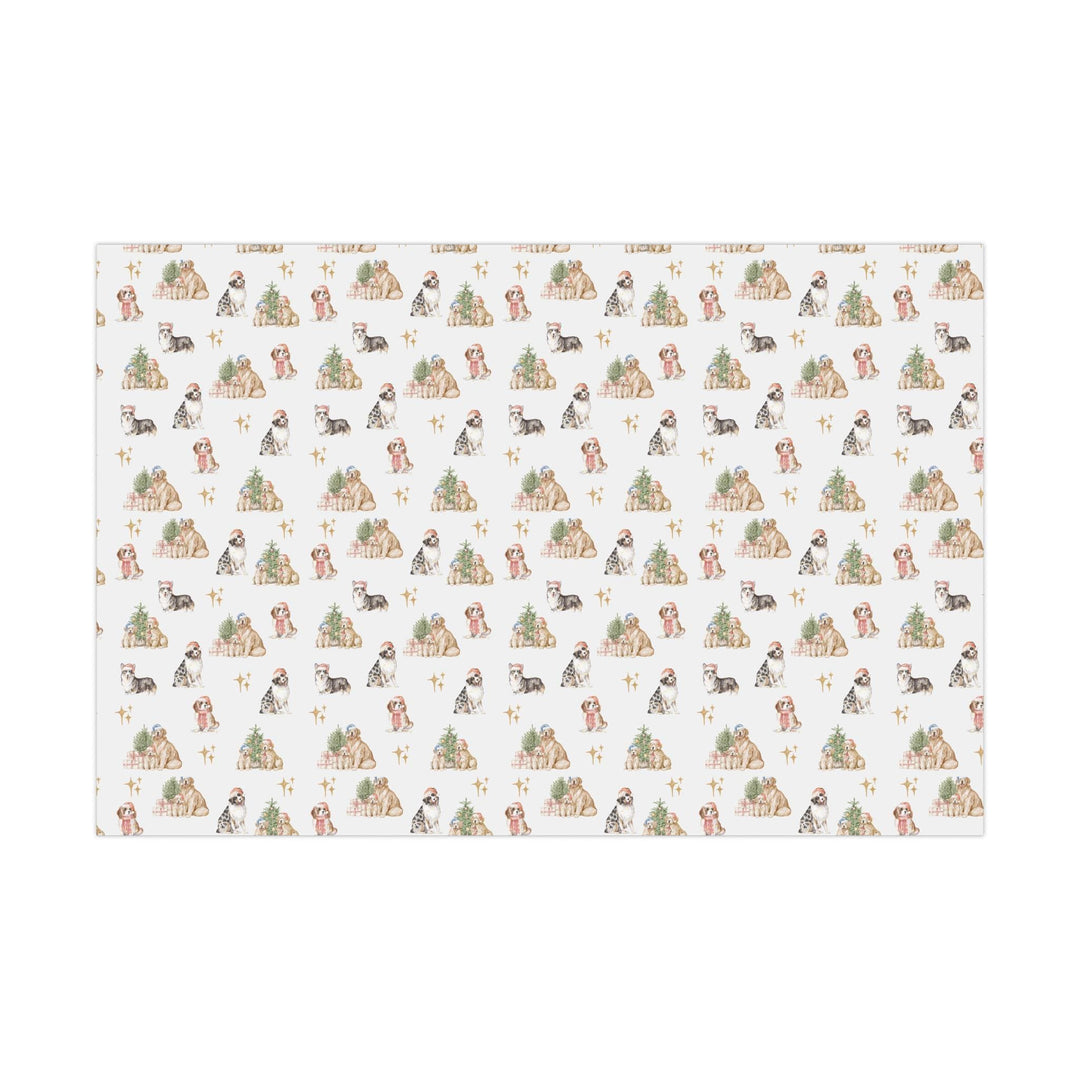 wrapping paper with white background and several different christmas dog graphics, cavalier, golden retriever, shepherd