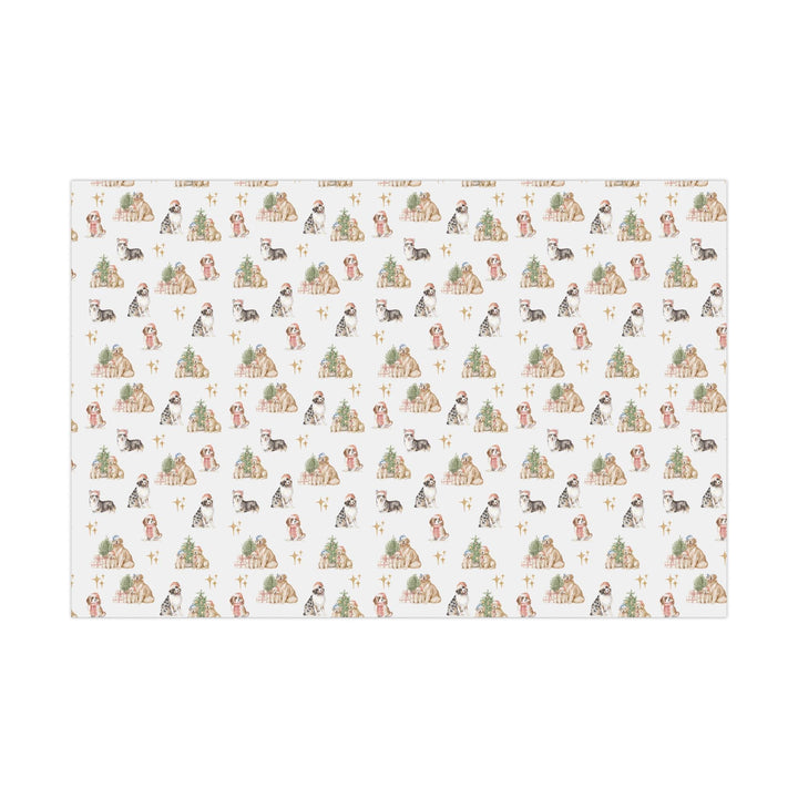 wrapping paper with white background and several different christmas dog graphics, cavalier, golden retriever, shepherd