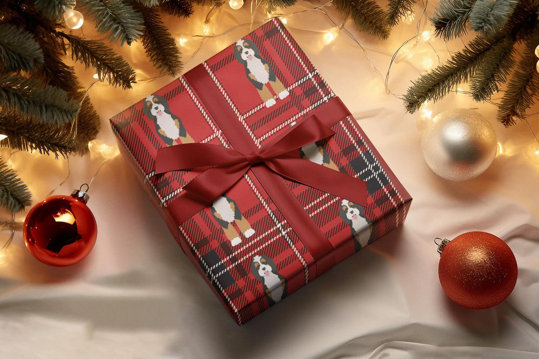 Plaid red and black background with graphics of bernedoodle dogs in a clean pattern wrapping paper