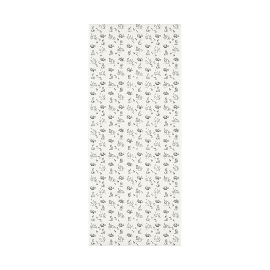 off white background with black silhouettes of christmas trees and  town and christmas log cabin with reindeer graphics- elegant and understated but beautiful and classic