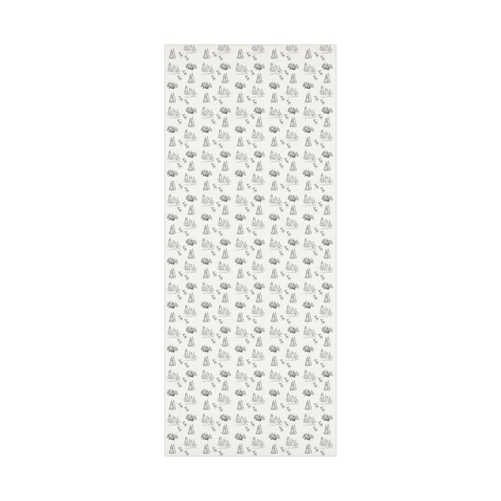 off white background with black silhouettes of christmas trees and  town and christmas log cabin with reindeer graphics- elegant and understated but beautiful and classic