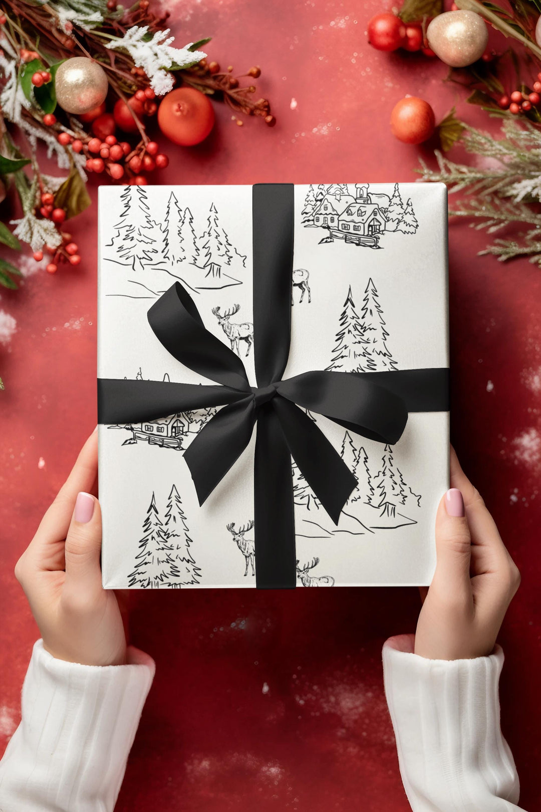 off white background with black silhouettes of christmas trees and  town and christmas log cabin with reindeer graphics- elegant and understated but beautiful and classic
