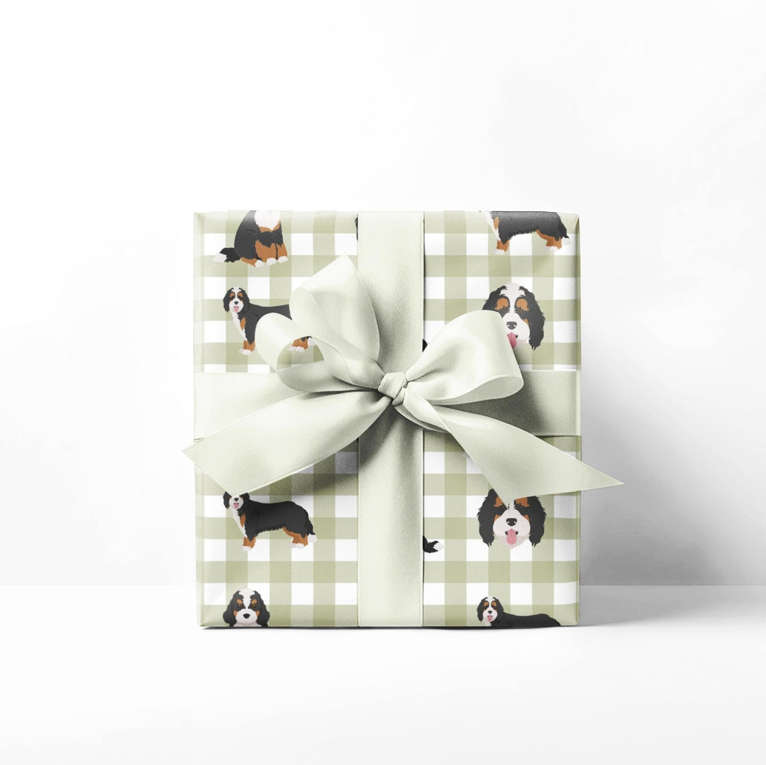 Bernedoodle graphics on light green gingham background wrapping paper